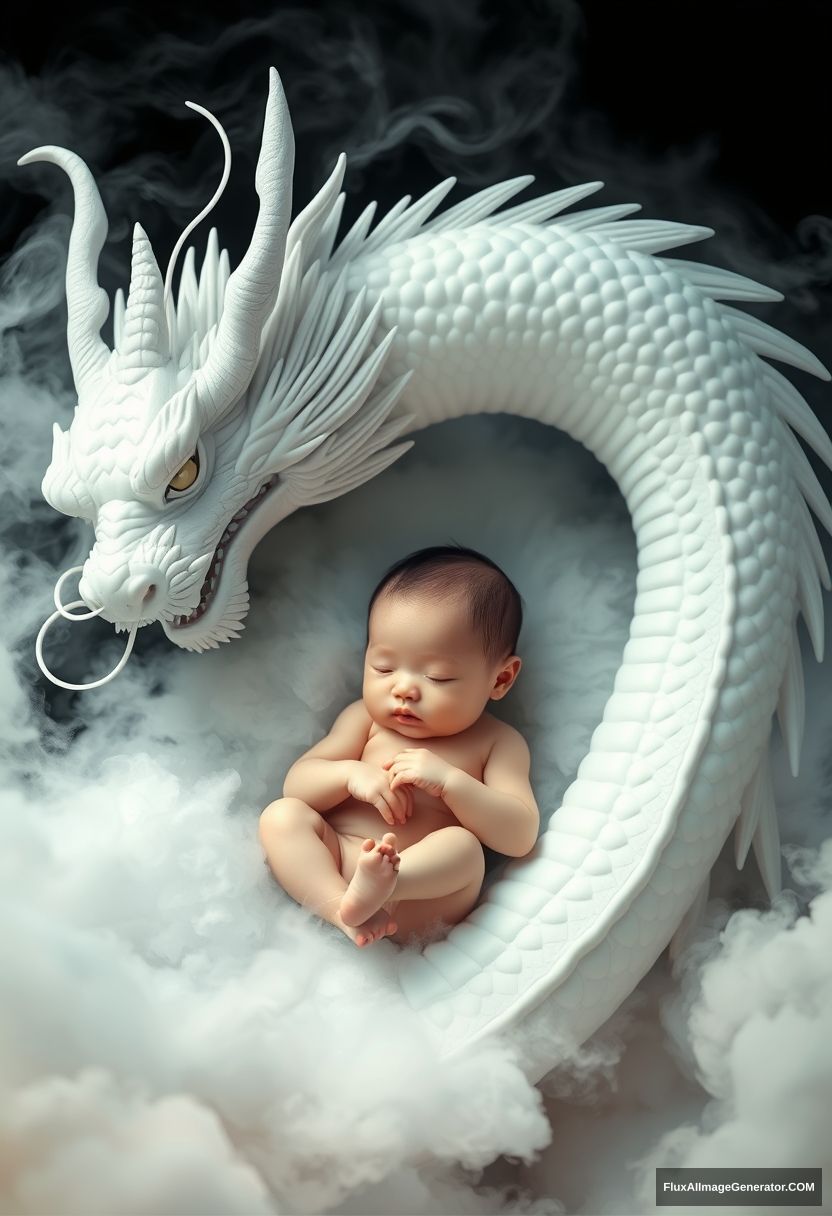 A one-month-old Chinese baby lies in the embrace of a white giant dragon, surrounded by swirling clouds and mist, creating a magical atmosphere. The baby's skin is pale and delicate, captured in a high-quality, realistic photo, a masterpiece in panoramic view. - Image