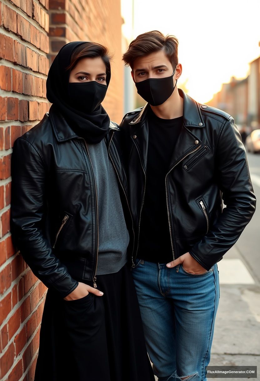 Jamie Dornan, handsome, young, black face mask, collage jacket, jeans, dating love romantic biggest black hijab Muslim girl, beautiful eyes, black face mask, black leather jacket, biggest skirt standing by a brick wall, town, morning scenery, sunrise, photorealistic, street photography.