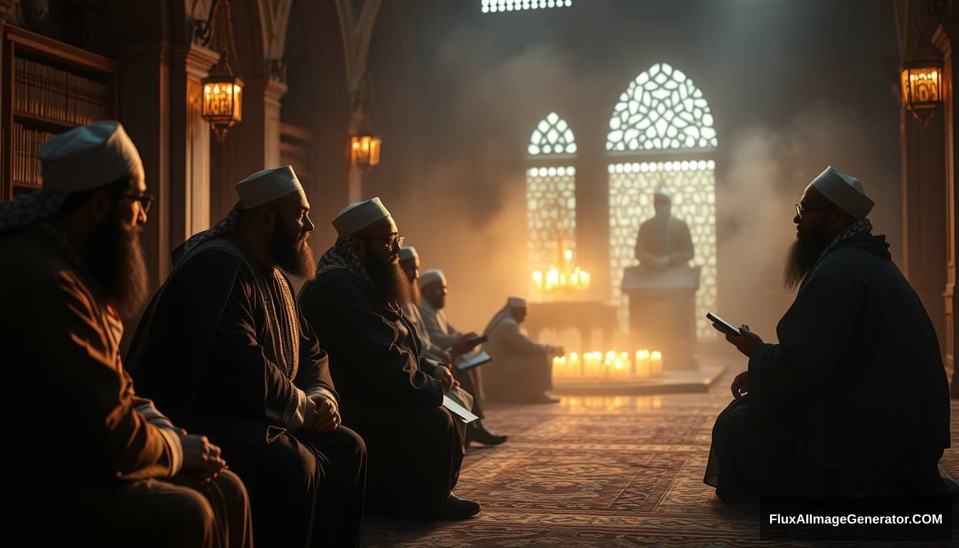 A reflective scene showing a group of Muslims contemplating and discussing the story of Tamim ad-Dari and Dajjal, set in a peaceful, scholarly environment. Ultra HD, realistic, contemplative, with warm and cinematic lighting. - Image