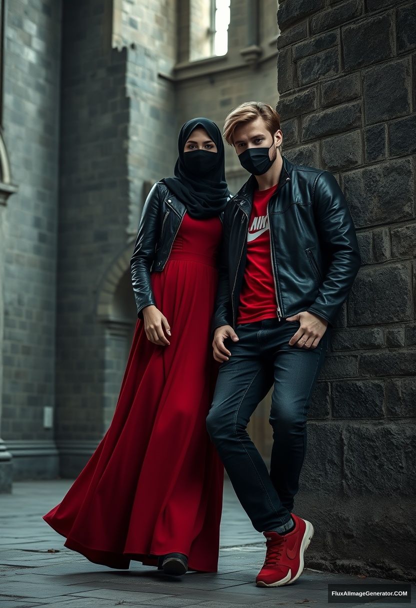 A biggest black hijab girl, beautiful eyes, face mask black, black leather jacket, biggest red longest dress, untall, standing near him,

Jamie Dornan, handsome, youngest, face mask black, fit and tough body, Nike red t-shirt, black leather jacket, jeans, red sneaker, tall man, laying at wall,

Hyper realistic, photorealistic, studio photography, Victoria's abandoned castle, gloomy.