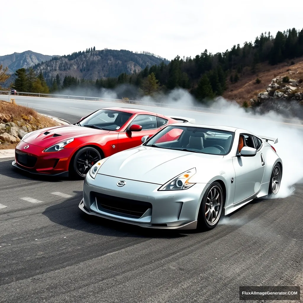 Create an image of a silver Nissan 350z and a red Mazda Miata first generation drifting on a Japanese mountain.