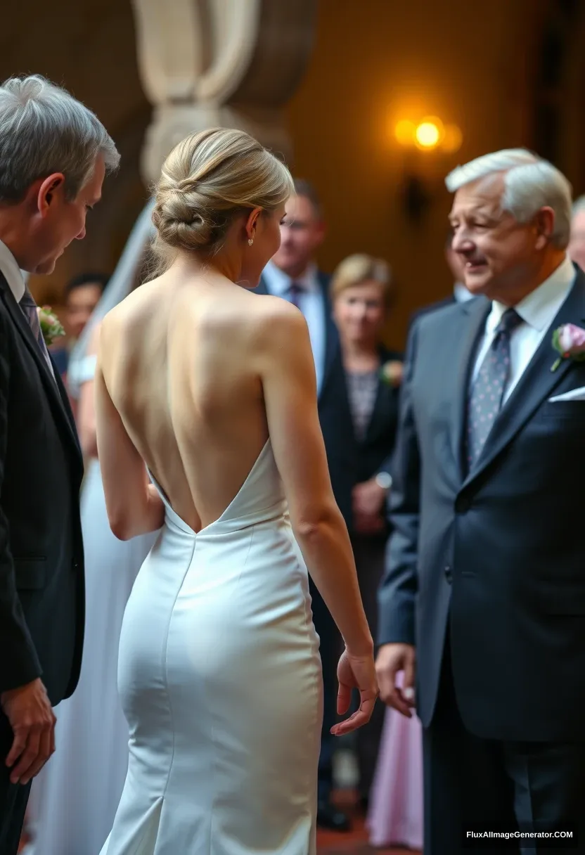 A petite young woman, sensitive, delicate, girly, backless strapless side-less low-waisted thigh-cut contouring wedding dress. Fawning obediently mingling with fathers. Expectations. Perfect posture. Pale skin. - Image