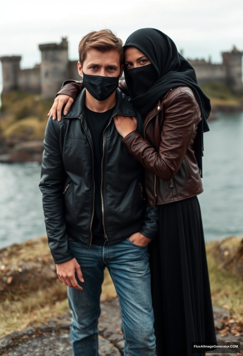 Jamie Dornan's head and body shot, handsome, youngest, black face mask, black leather jacket, jeans, dating, love with the biggest black hijab Muslim girl, not tall, beautiful eyes, face mask, maroon leather jacket, biggest black skirt, leaning on his shoulder, hyper-realistic, studio photography, full body photo, exploring at an abandoned castle, at sea, gloomy scenery.