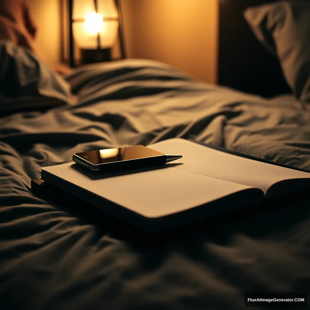 On a laptop, notebook, a pen, phone, on the bed, hyper-realistic, studio photography, lantern light, gloomy. - Image