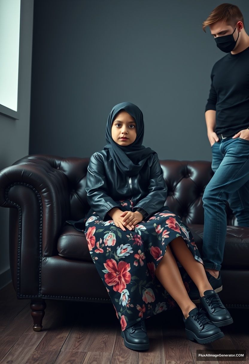 A black hijab burqa girl, short girl, beautiful eyes, black leather jacket, longest floral dress, black leather sneakers, sitting on a leather single-wing sofa, Jamie Dornan, black shirt, jeans, black leather sneakers, tall man, black face mask, fit body, standing near her, hyper-realistic, studio photography.