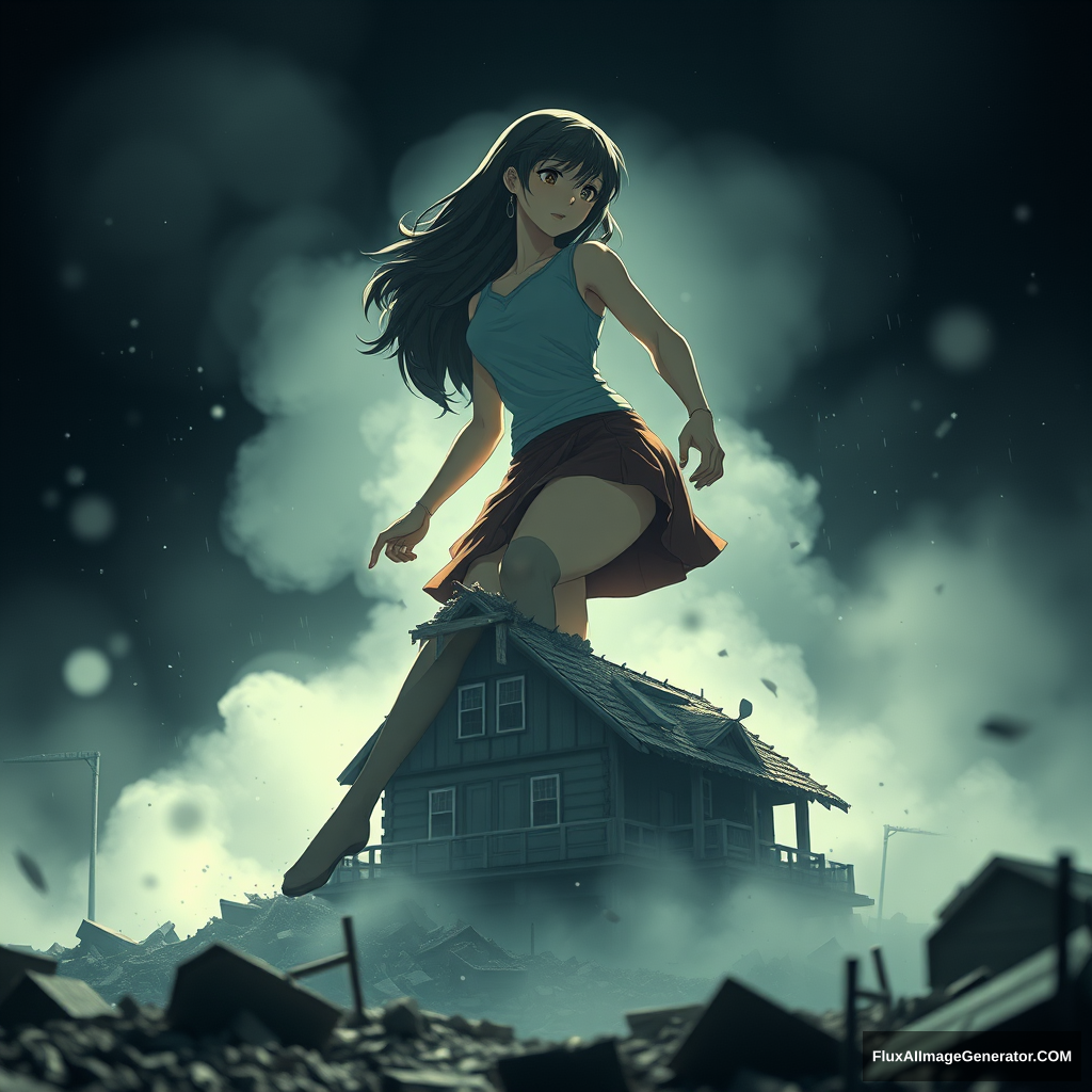 An image taken by a satellite of a gigantic, growing anime woman, massive upper body, stomping her foot on a crushed house. Pixel art style, cinematic dramatic lighting, depth of field bokeh, destruction, smoke, debris, motion blur, water droplets, fog. - Image