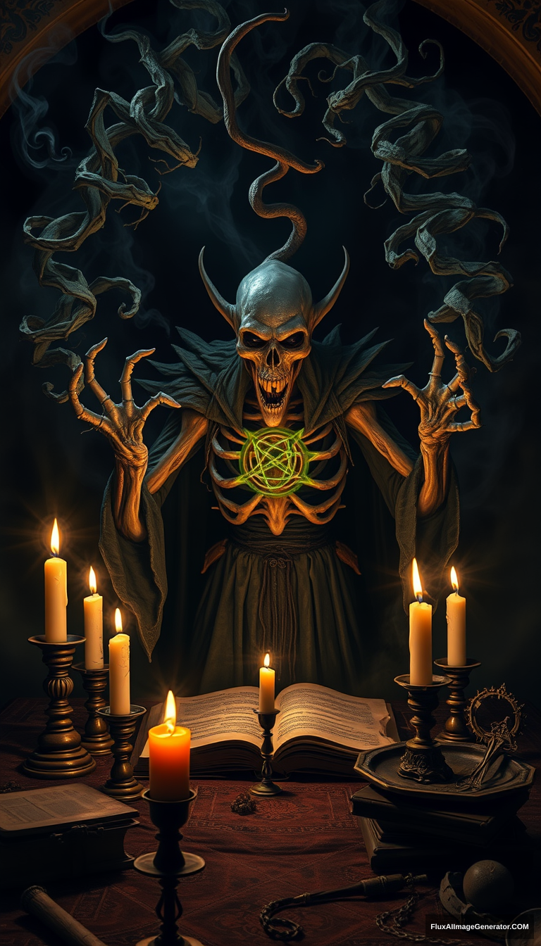 A grotesque Necromancer, half-transformed into a lich, performs an intricate summoning ritual. Semi-formed skeletal hands weave arcane sigils in the air, surrounded by flickering candles. Dark tendrils of necromantic energy swirl, merging fantasy and horror. Ancient tomes and occult artifacts scatter the shadowy chamber. - Image