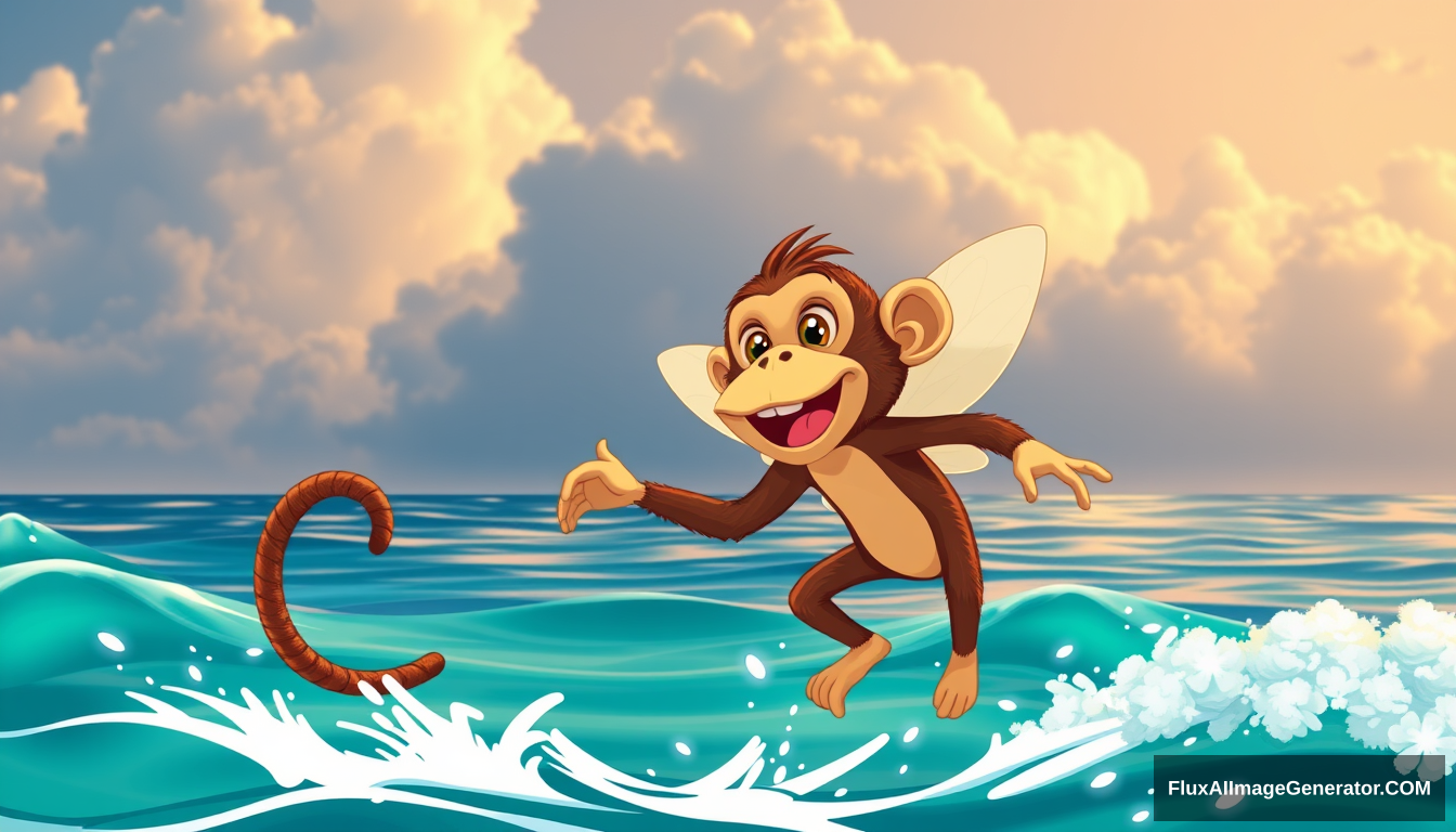 cartoon monkey dressed pretty fly dancing by the ocean. vibing