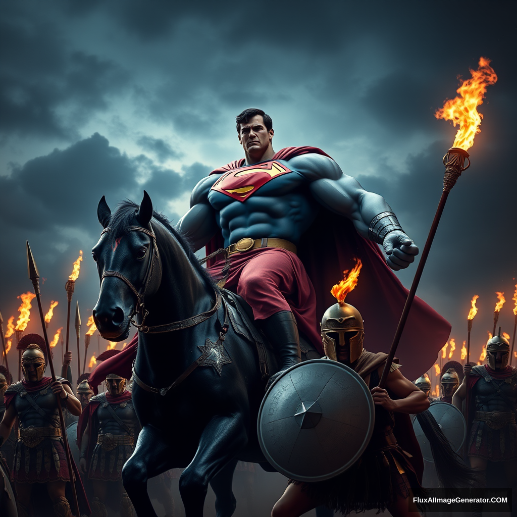 Giant oversized muscular Superman with huge arms riding a muscular black horse into battle, giant Spartans holding spears in battle formation. Dark sky illuminated by torches.