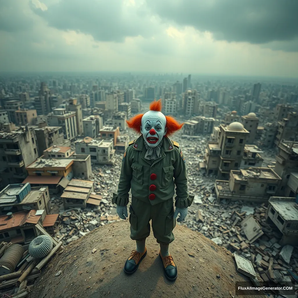 A small crying clown in an IDF uniform standing in the middle of a destroyed city in ruins. View from above and from some distance. Hyperreal. - Image