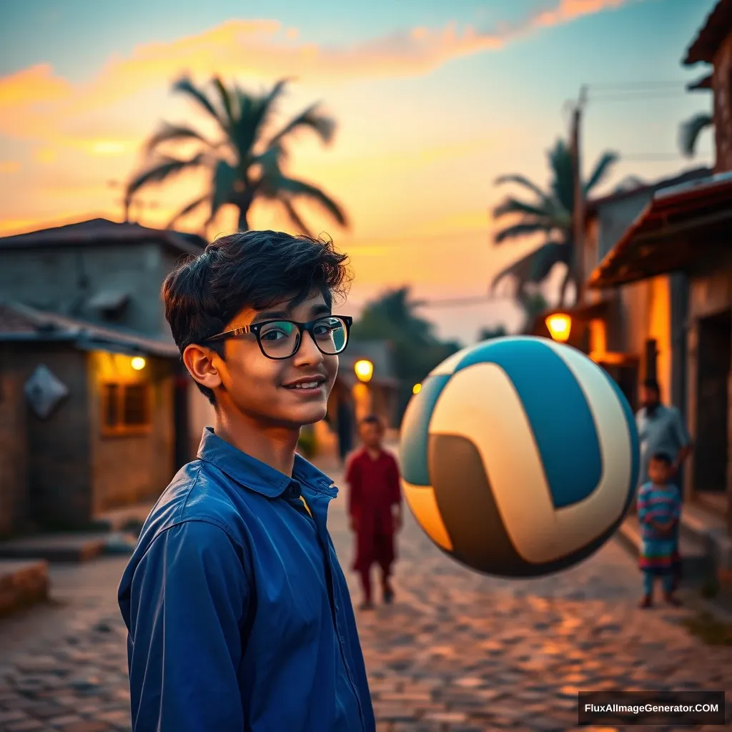 Create a vivid scene set in a Pakistani village during the evening. The street is gently illuminated by warm street lights, casting a soft glow over the cobblestone pathway.

Character Focus: Describe the teenage boy, Ali, who stands out with his bright blue shirt and spectacles that highlight his intelligent demeanor. Illustrate his excitement and enthusiasm as he prepares to serve the volleyball.

Setting: Picture the village environment around him—traditional houses with clay roofs, and the silhouettes of palm trees swaying in the evening breeze. The sunset paints the sky in hues of orange and pink, creating a beautiful backdrop.

Friends and Action: Include Ali's friends, who are gathered around, eagerly cheering him on. Describe their laughter, the sound of the volleyball being hit, and the joy of camaraderie as they play together.

Emotional Tone: Capture the spirit of friendship and the carefree nature of youth, where the evening air is filled with laughter and shared moments. Highlight how the street lights add an enchanting ambiance, making the game feel special.

Details: Add specific details such as the texture of the volleyball, the expressions on the boys' faces, and the way the evening light interacts with their features, enhancing the scene's warmth.