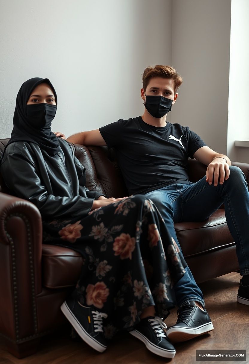 A biggest black hijab girl, slim girl, beautiful eyes, face mask black, black leather jacket, biggest floral long dress, black leather sneaker, sitting on leather single wing sofa, Jamie Dornan, youngest, puma black Tshirt, jeans, black leather sneaker, tall man, face mask black, fit body, sitting near her, hyper realistic, studio photography.