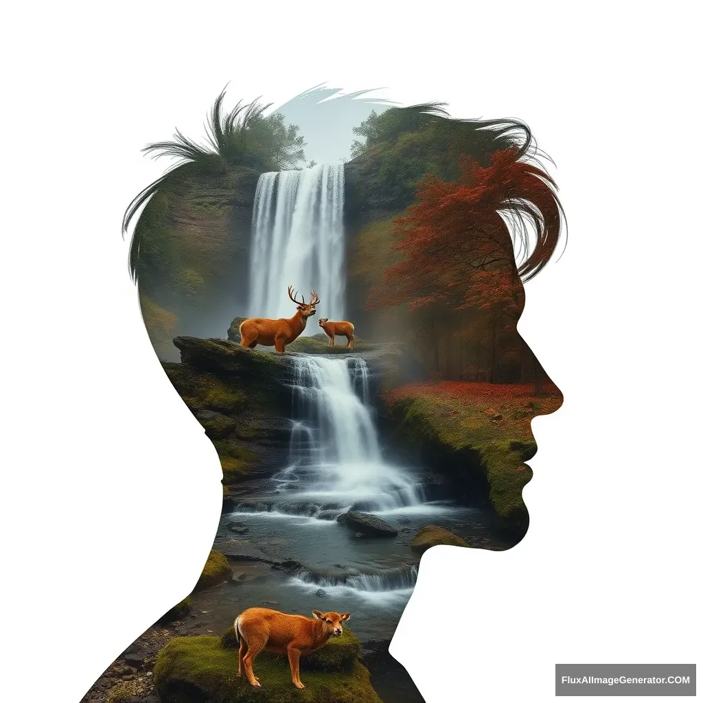 "[Abstract style waterfall, wildlife] within the outline of [man's] head, this is a double exposure photo. Non-representational, colors and shapes, emotional expression, imaginative, very detailed." - Image