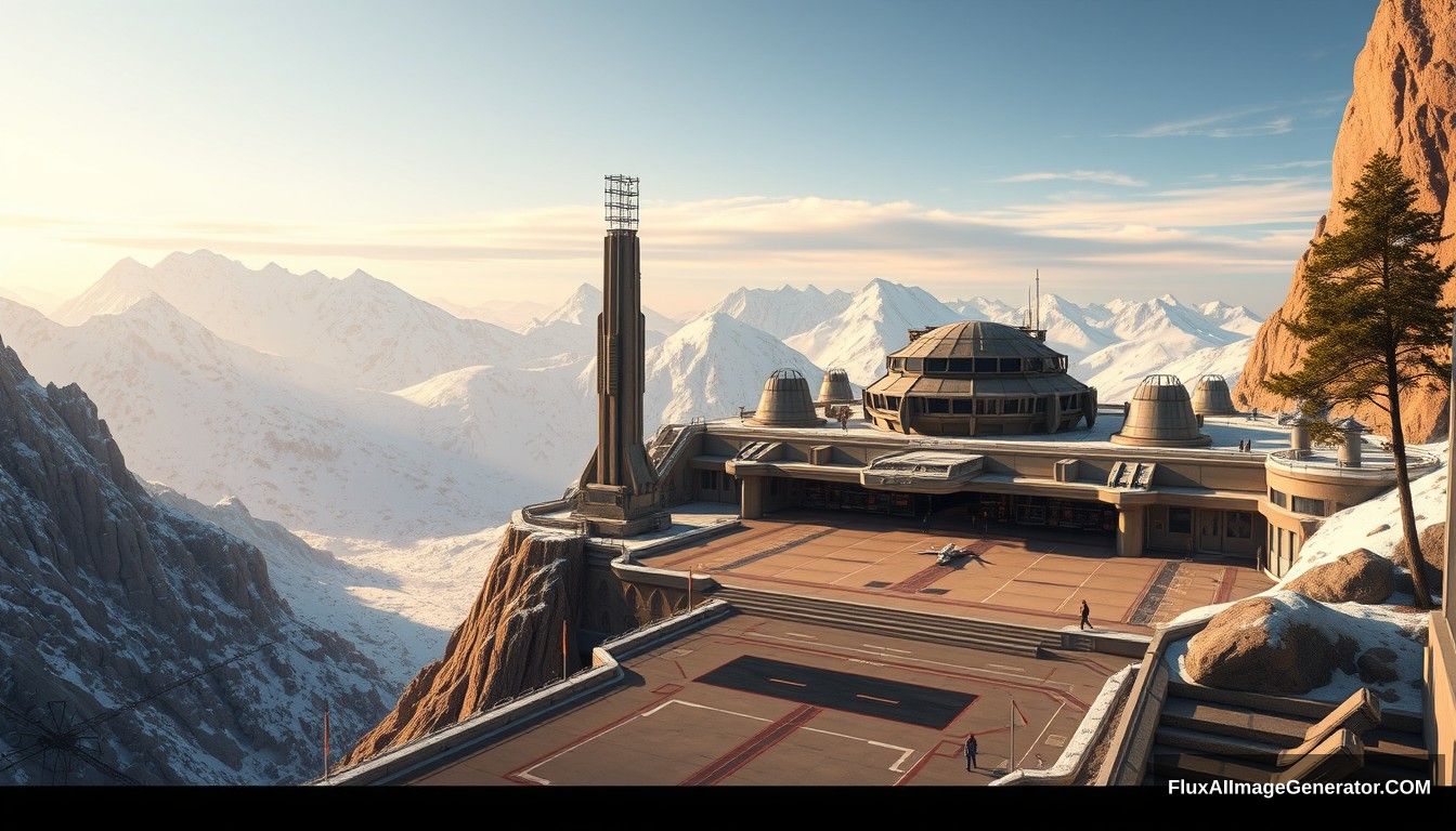 Cel shaded art, wide shot, a sci-fi center on the top of a snow mountain, open air, close look, cyberpunk, military base, Star Wars style, indoor, patio, morning, sunlight, fortress, mountain, rock, snow, tarmac, parking apron, cave, tree, landing field.