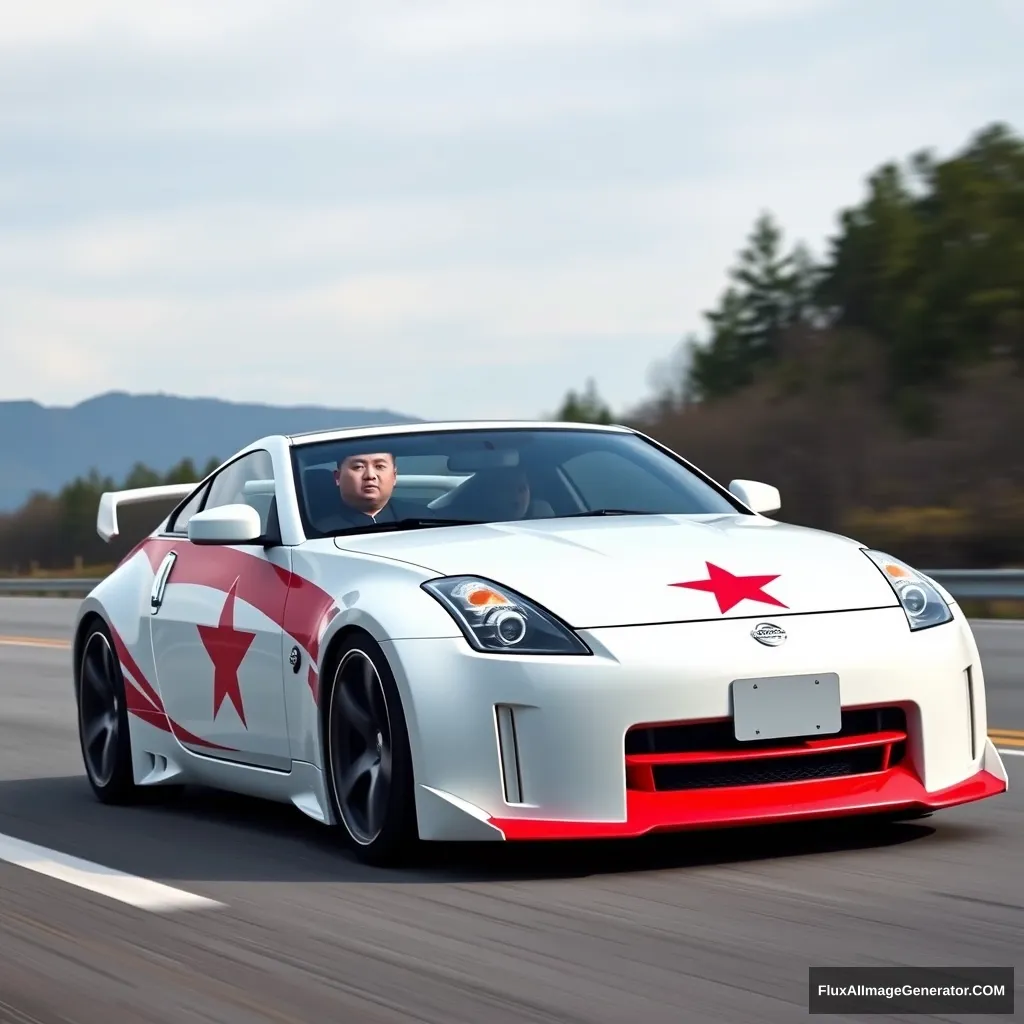 Create an image of a Nissan 350z with North Korea livery driven by Kim Jong-un.