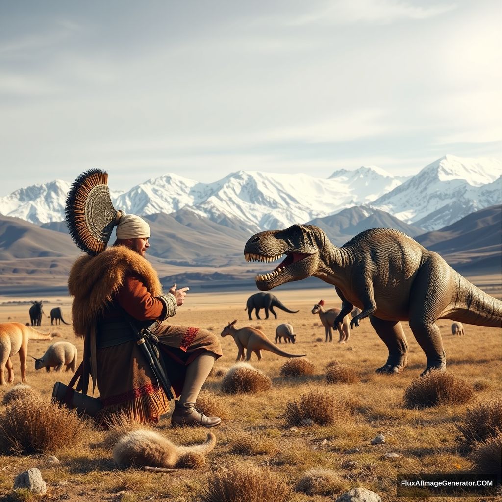 Ancient Mongolian warrior Genghis Khan is kneeling and proposing to his very elegant Mongolian girlfriend, while a Tyrannosaurus rex and other dinosaurs graze nearby, in the steppes of Mongolia, with the snowy Altai Tavan Bogd mountains in the background. - Image