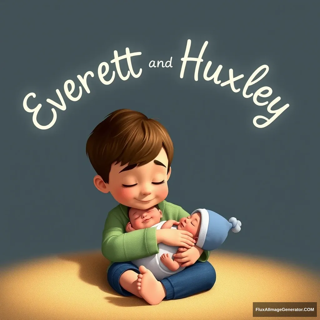 A 2 and a half year old boy cuddling his newborn baby brother. Above them float their names "Everett and Huxley". Pixar style.