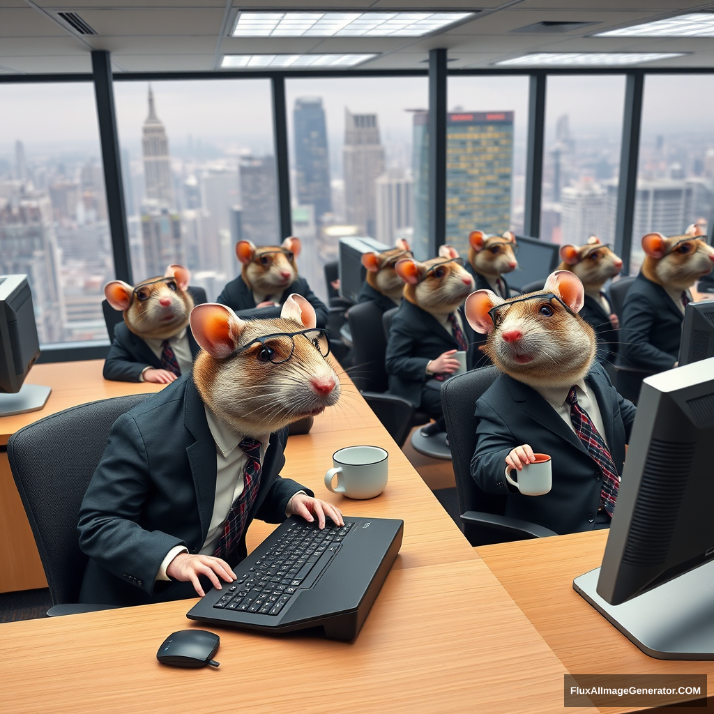 A photograph of a busy office scene where several anthropomorphic rats are dressed in business attire, sitting at desks, and working on computers. The rats are wearing small tailored suits, ties, and glasses, with some typing on keyboards, others on video calls, and a few holding coffee mugs. The office is modern with sleek furniture, large windows, and a view of a bustling city in the background. The atmosphere is professional, yet humorous, as the rats are fully engaged in typical office tasks, with detailed facial expressions showing concentration and determination. - Image