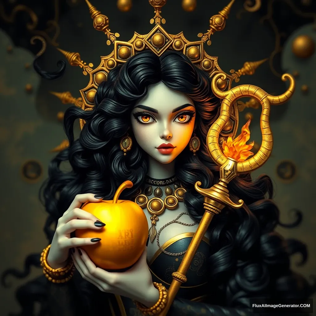 The best AI generated artwork of Eris Discordia, Goddess of Chaos, holding her Golden Apple of Discord. Long curly black tresses, good facial anatomy with cute eyes, trending on Art station Tim Burton art deco fauvism retrofuturism mixed media #film tilt-shift Art of Illusion Action Painting. - Image