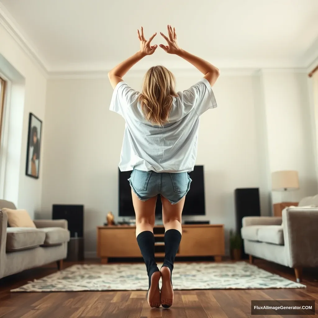 Side view of a skinny blonde woman in her enormous living room, wearing a massively oversized white T-shirt that is imbalanced on one of the shoulder sleeves. She is also wearing loose light blue denim shorts that aren't rolled up, along with knee-high black socks and no shoes. Facing her TV, she dives headfirst with both arms raised beneath her head, which is looking up, and her legs elevated in the air at a -60 degree angle. - Image