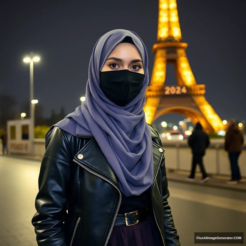 A big grey hijab Muslim girl, beautiful eyes, black face mask, black leather jacket, biggest longest skirt, standing near the Eiffel Tower with an Olympic 2024 theme, night scenery, hyper-realistic, street photography.