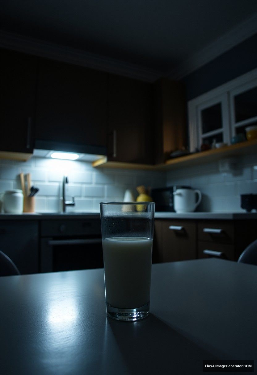 In a modern kitchen, at midnight, with gloomy lighting, fresh milk in a glass on a table.