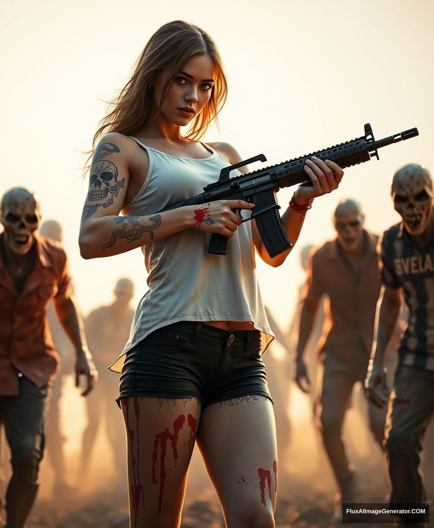 Portrait of a sexy woman in a white vest and black shorts, with many gypsy-style skull pattern tattoos on both arms and legs, scratched skin on her arms, splashed blood on both arms and legs, holding an AR-15 rifle with both hands, aiming, surrounded by scary zombies in different clothes, golden hour lighting, ray tracing, global illumination. - Image