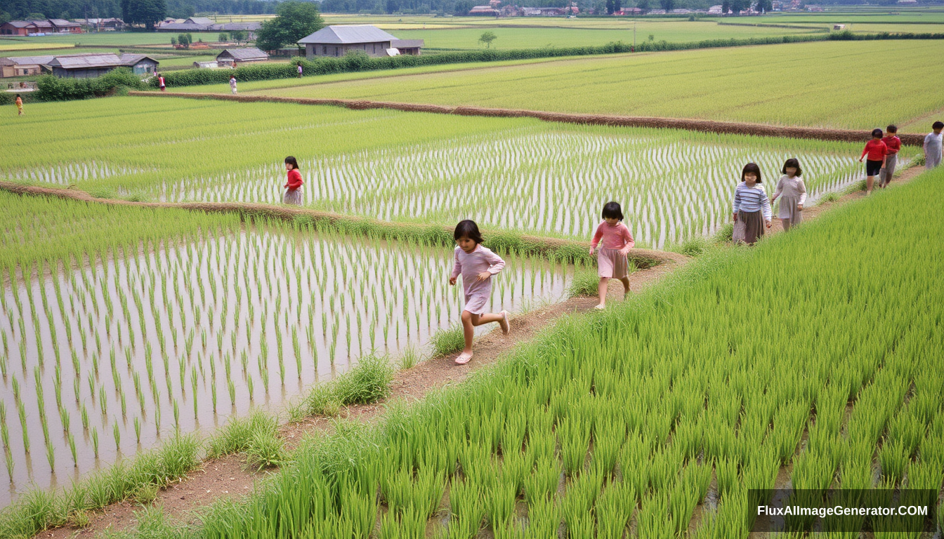 In the 1960s rural China, people were farming in the rice fields, which were filled with water in preparation for transplanting rice seedlings. Children were running and playing on the field ridges, creating a busy scene.