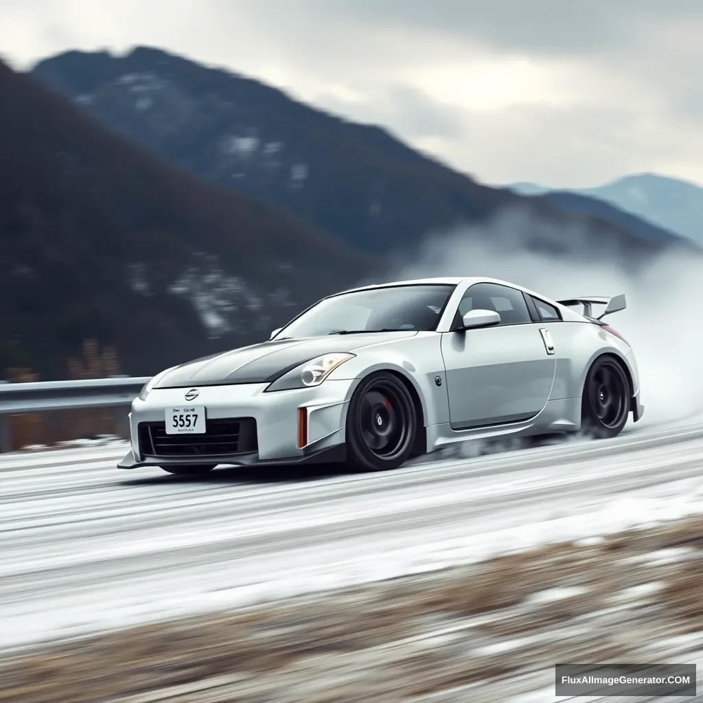 Create an image of a Nissan 350z drifting on a Japanese mountain.