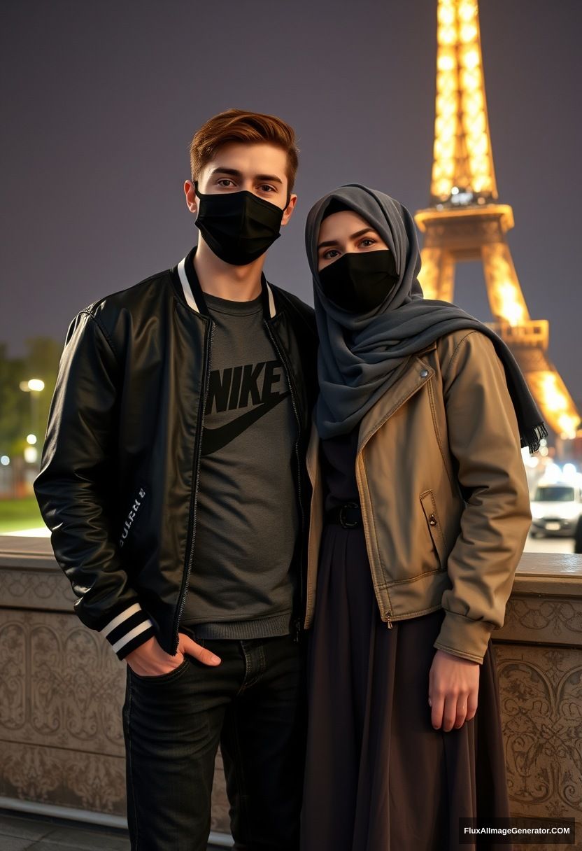 Jamie Dornan, youngest, black face mask, collage jacket, Nike t-shirt, jeans, tall man, fit body,

Dating, love with the biggest grey hijab Muslim girl, beautiful eyes, black face mask, leather jacket, biggest longest skirt, cute short girl,

standing near the Eiffel Tower, night scenery, hyper-realistic, photorealistic, street photography, selfie photos. - Image