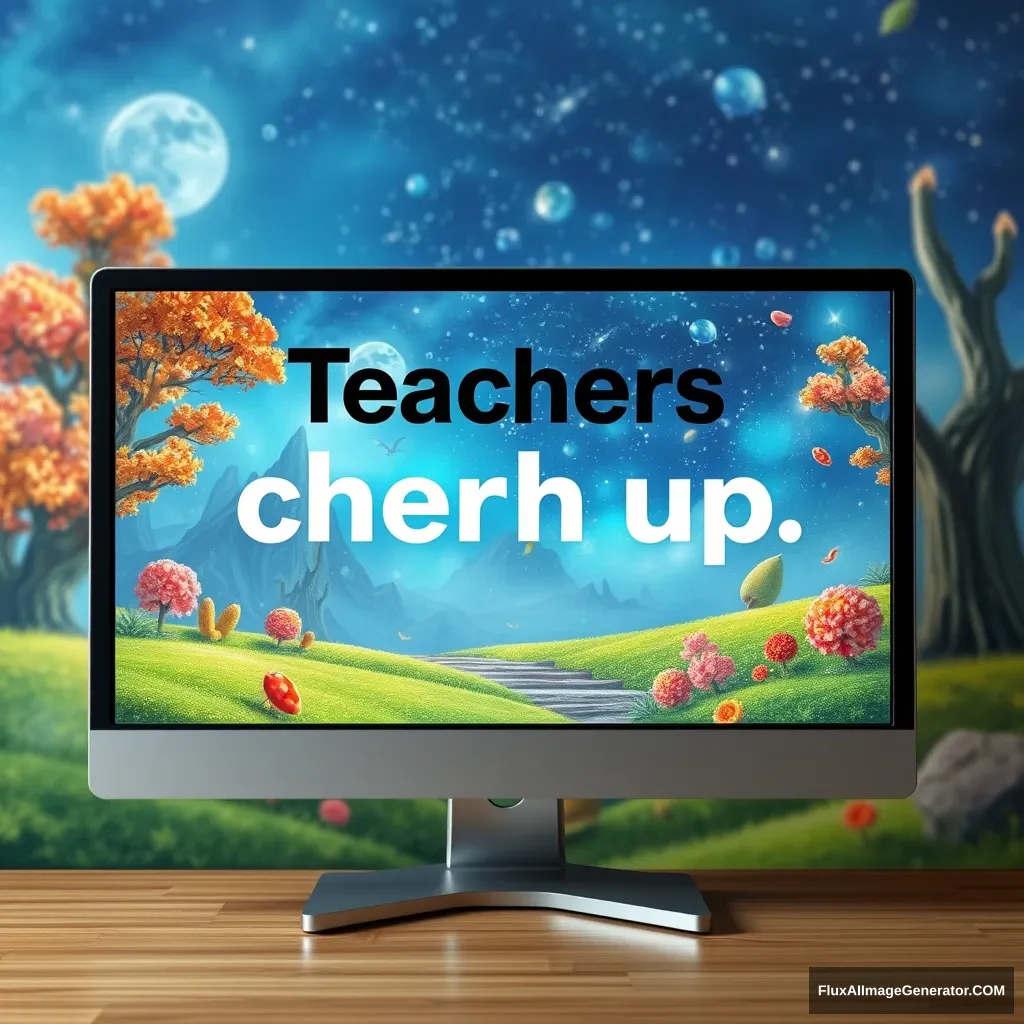 A monitor with a fantasy background, and the words inside it. Teachers, cheer up! Place the text to match the background picture. - Image