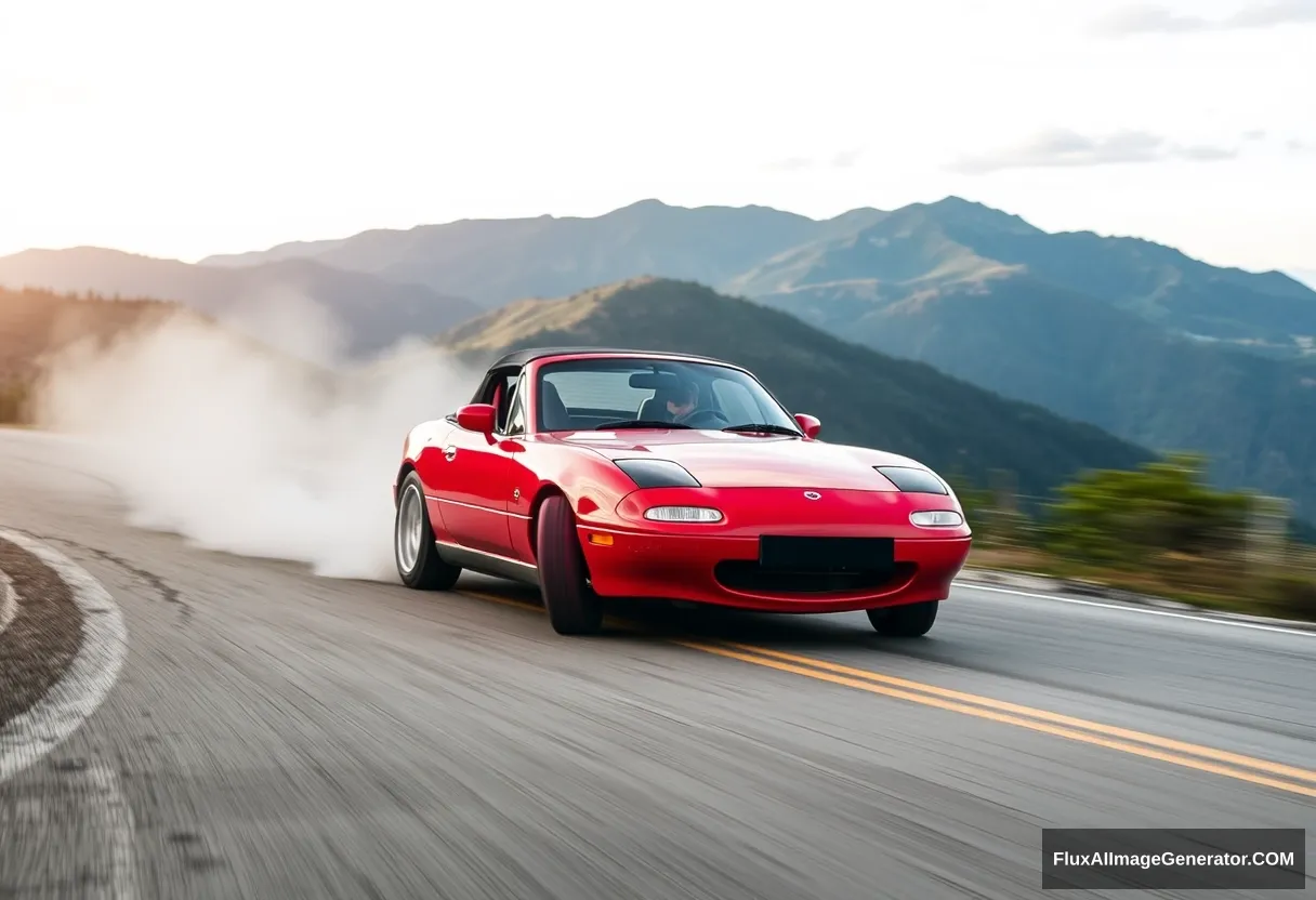 Create an image of a red 1991 Mazda MX-5 drifting on a mountain road. - Image