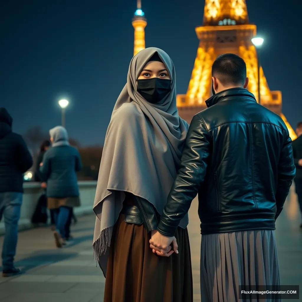 "Biggest grey hijab Muslim girl, beautiful eyes, black face mask, leather jacket, biggest longest skirt, standing near Eiffel Tower, night scenery, strangers back, hyper realistic, photorealistic, street photography, holding someone’s loved one’s hand from the opposite."