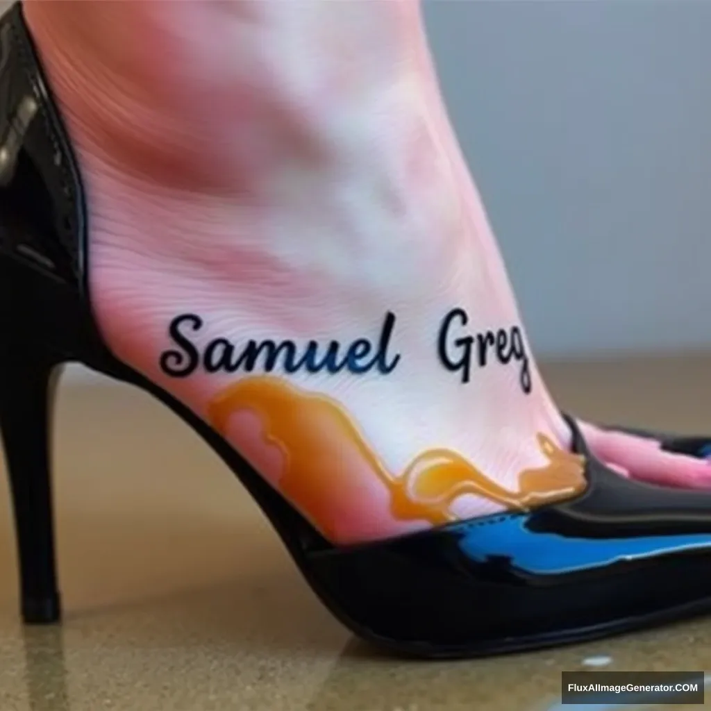 The name "Samuel Greg" on a woman's foot in a black high heel. There is oil all over the foot. - Image