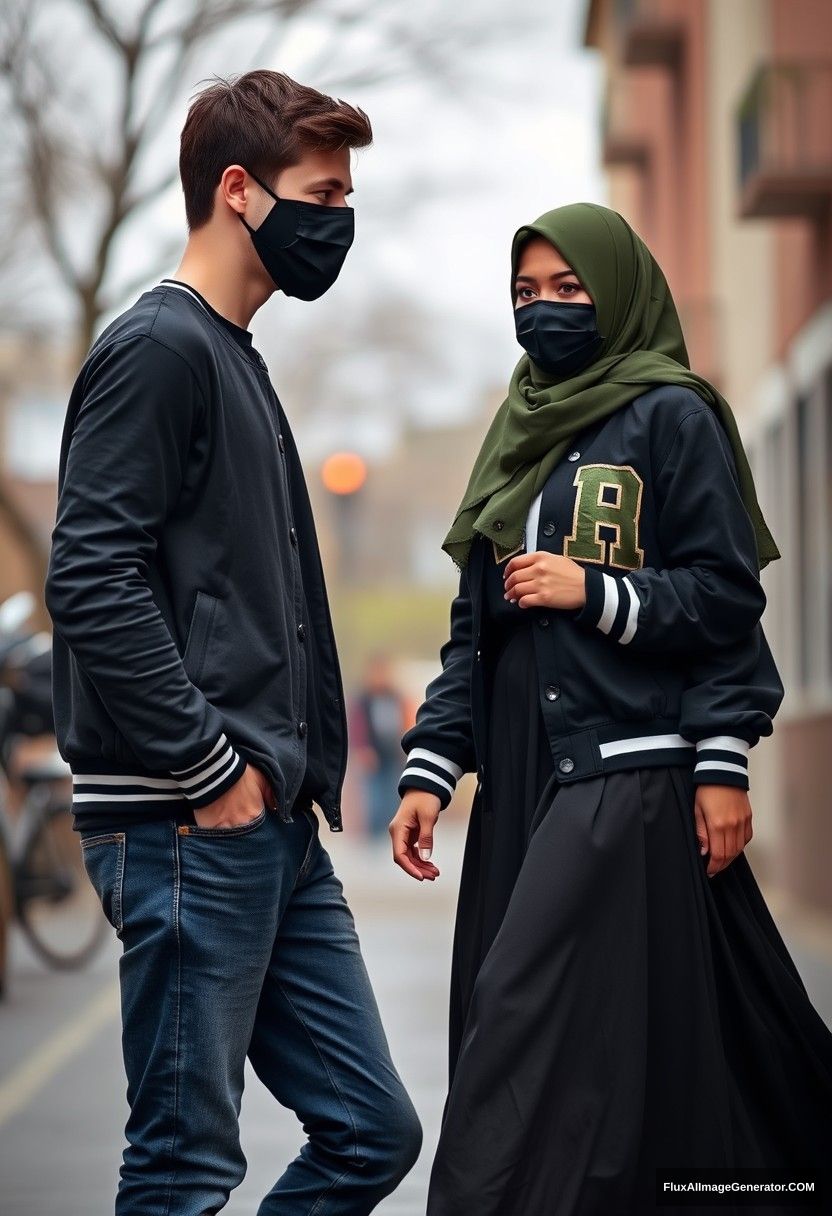 Jamie Dornan, young, black face mask, black T-shirt, collage jacket with a capital A, jeans, red sneakers, in a romantic dating setting with a beautiful Muslim girl wearing the biggest army green hijab, beautiful eyes, black face mask, college jacket, the biggest and longest skirt, sneakers, not a tall girl, photorealistic, realistic, street photography, full photography. - Image