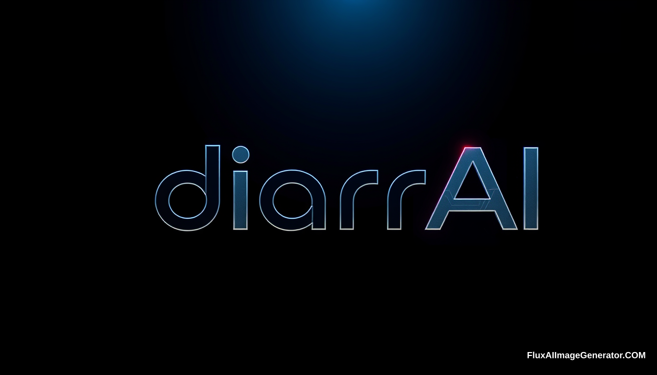 Logo design for 'diarrAI' text, representing a high-tech AI solutions company. Futuristic and advanced, minimalistic and linear style. Incorporate elements from computer circuits and digital interfaces, with sleek geometric shapes and sharp lines. Use modern, elongated sans-serif font. Metallic or neon accents, with subtle circuit-like patterns. Color palette: silver, deep blue, black, with hints of neon. The logo should feel like it's from 3000 years in the future.