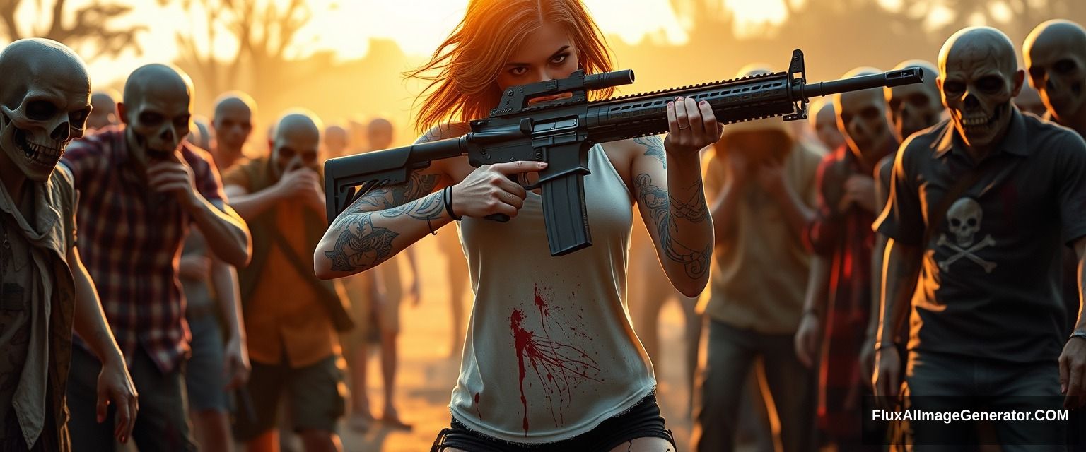 Portrait of a sexy woman in a white vest and black shorts, with many gypsy-style and skull-pattern tattoos on her arms, arm skin scratched, splashed blood on both arms and legs, holding an AR-15 rifle with both hands, aiming, surrounded by scary zombies in different clothes, golden hour lighting, ray tracing, global illumination, 4K. - Image