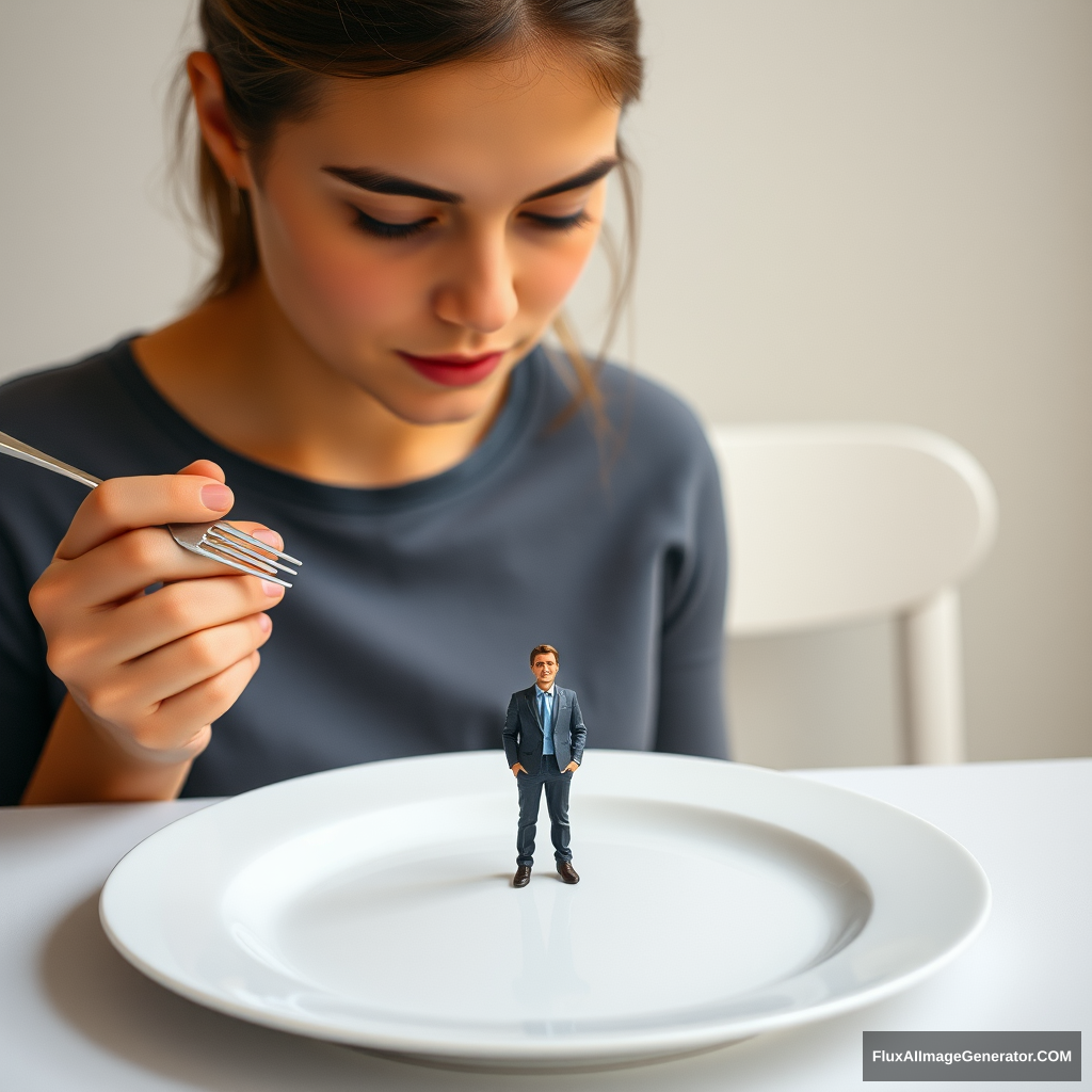 Young woman in front of an empty plate. The woman is looking down at the plate. The woman is holding a fork. The plate is on a table. There is a man (5 cm tall) on the plate. - Image