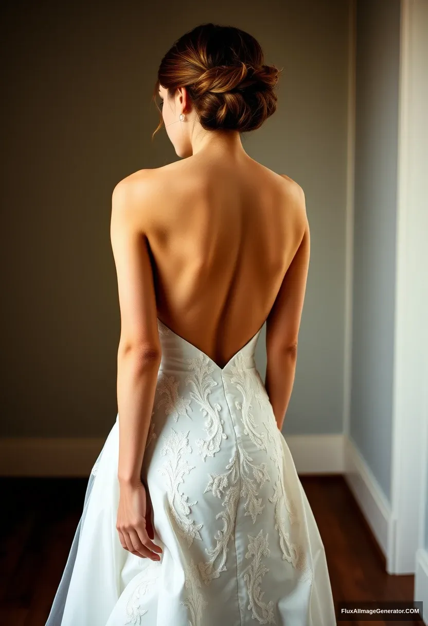 A short young woman, sensitive, delicate, ashamed, wearing a backless, strapless, side-less, low-waisted, open-back contouring wedding dress with a too-loose top that seems like it's spilling, confronting patriarchy and expectations. - Image