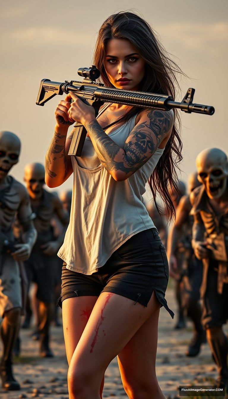 Portrait of a sexy woman in a white vest and black shorts, with lots of gypsy-style skull pattern tattoos on both arms and legs. Her arm skin is scratched, and there is splashed blood on both arms and legs. She is holding an AR-15 rifle with both hands, aiming, and is surrounded by scary zombies in different clothes. The scene is set in golden hour lighting, featuring ray tracing and global illumination, in 4K. - Image