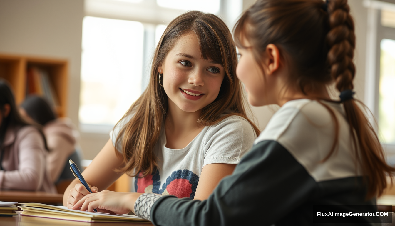 Two girls blush and coyly embrace, looking into each other's eyes, as they're unexpectedly placed in a homework group together, f2.4, natural light, photograph.