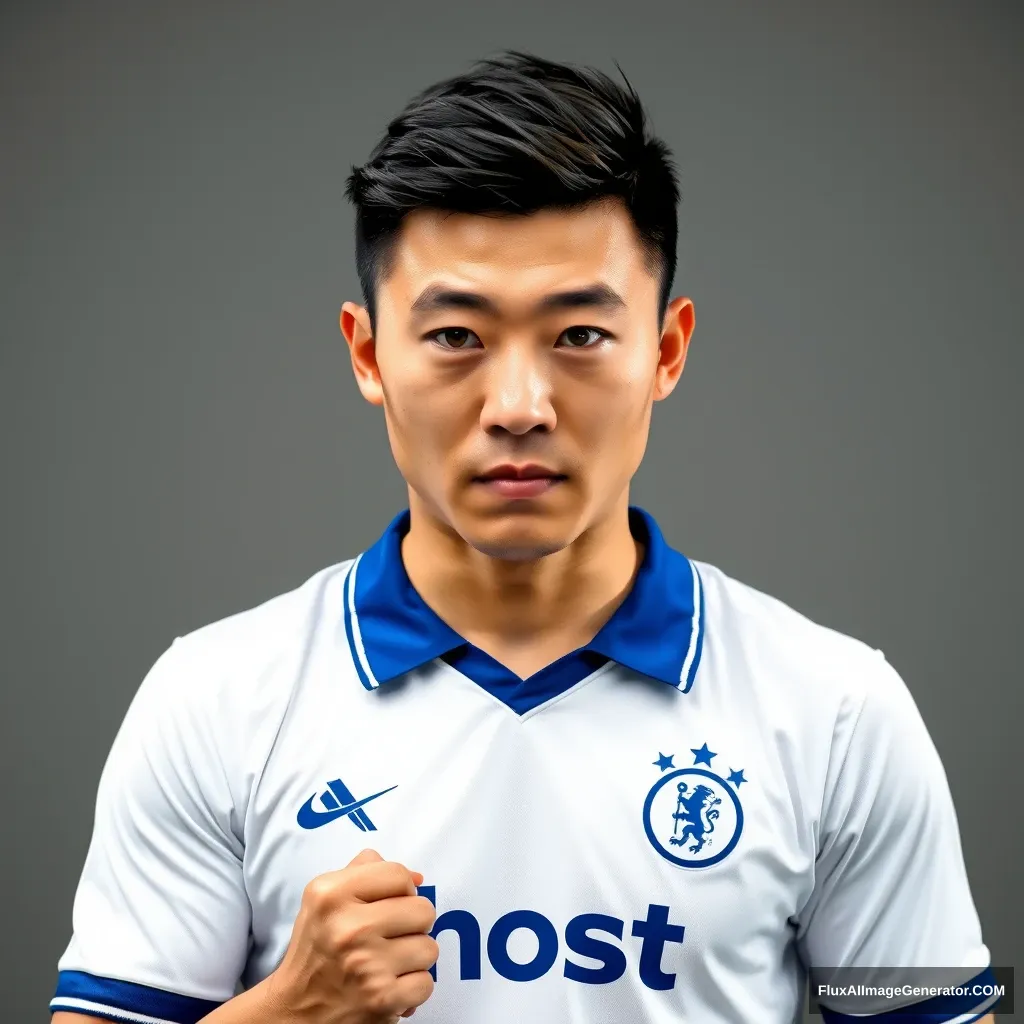 High-quality portrait photo of a Chinese man wearing a white short-sleeved football jersey with blue cuffs and collar, featuring the word "Ghost" on the chest. He strikes a confident and imposing pose, with determined eyes and a bright gaze. It is a half-body player portrait taken in a photography studio against a gray background.