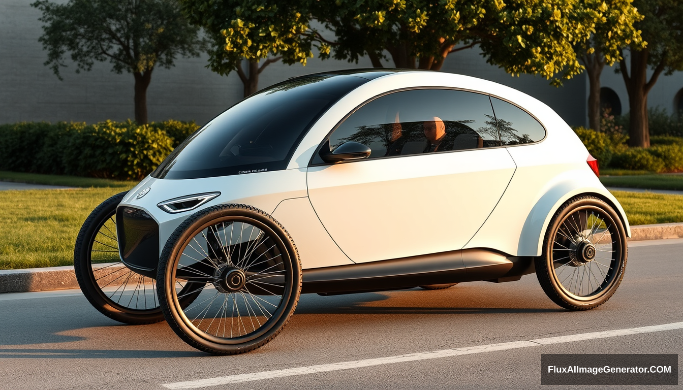 3 wheeled, enclosed, concept car, ((just 2 wheels in front)), ((only 1 in back)), 4k, wide bicycle wheels, very low, detailed. - Image