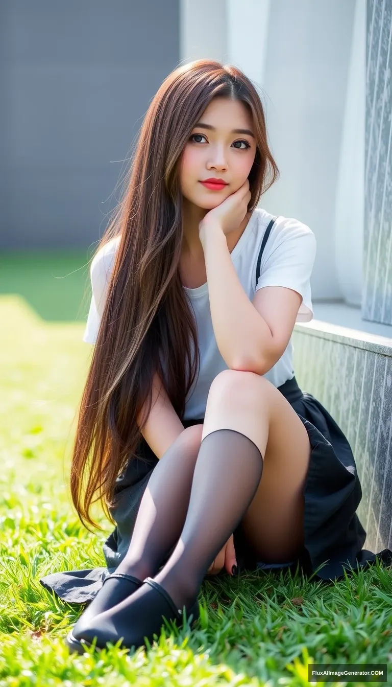 "Photography style, an Asian girl, long hair, long legs, short skirt, sitting on the grass." - Image