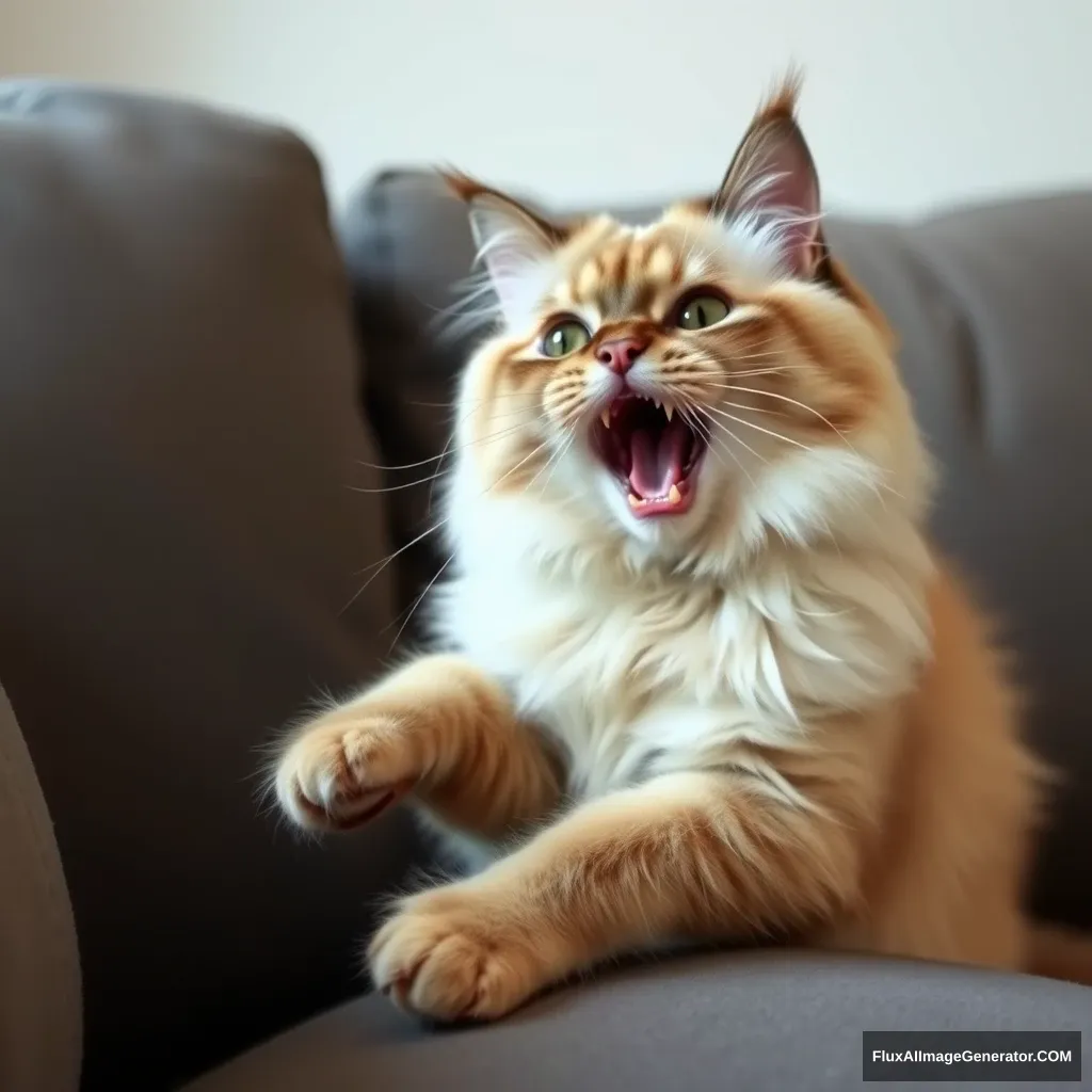 A Ragdoll cat is sitting on the sofa with its mouth open, wanting to eat.