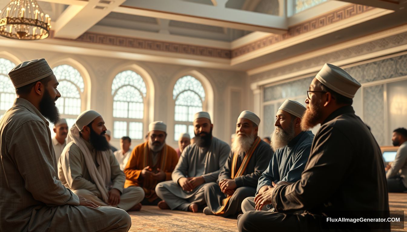 "A group of Muslims discussing in an Ultra HD, realistic, educational environment, with warm and cinematic lighting."