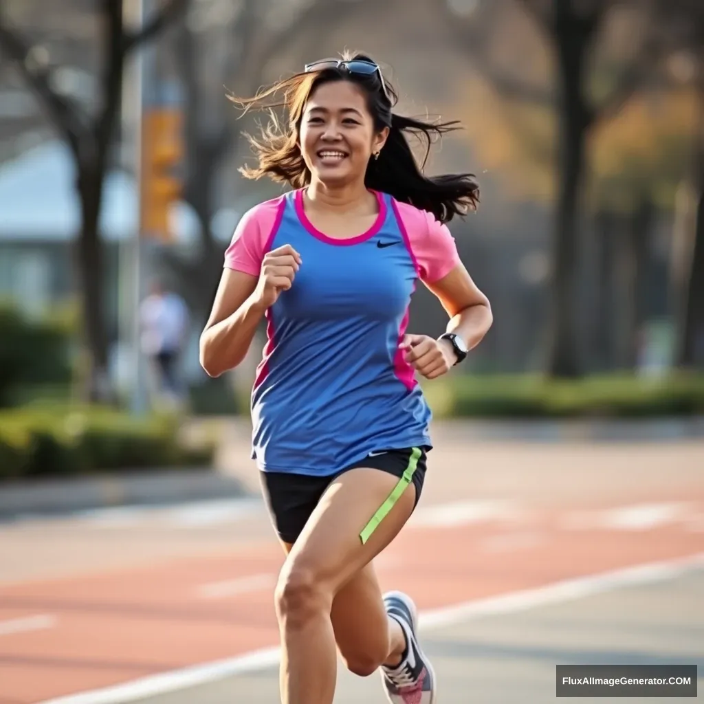 "A woman running, Asian."