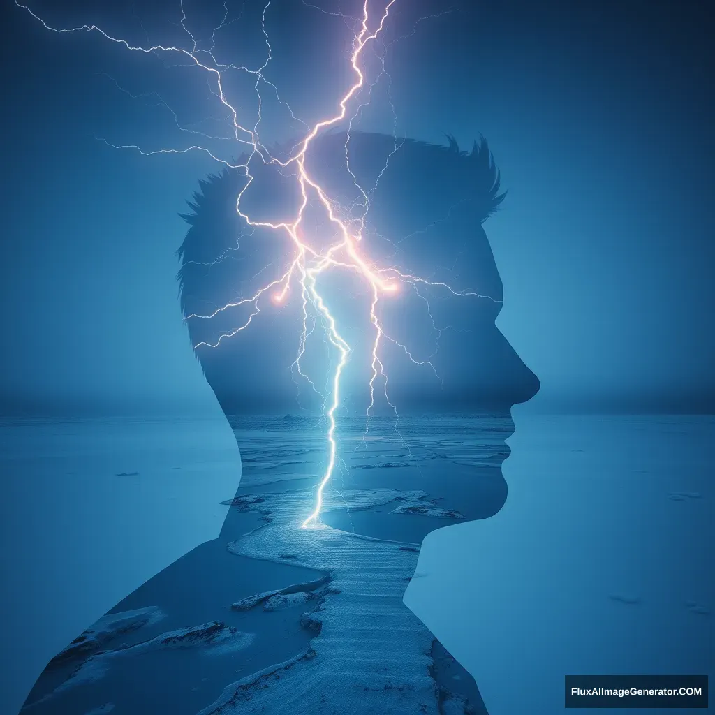 "[Abstract style lightning from top to bottom, in a snowy and icy landscape] within the outline of a [man's] head, this is a double exposure photo. Non-figurative, colors and shapes, emotional expression, imaginative, very detailed." - Image