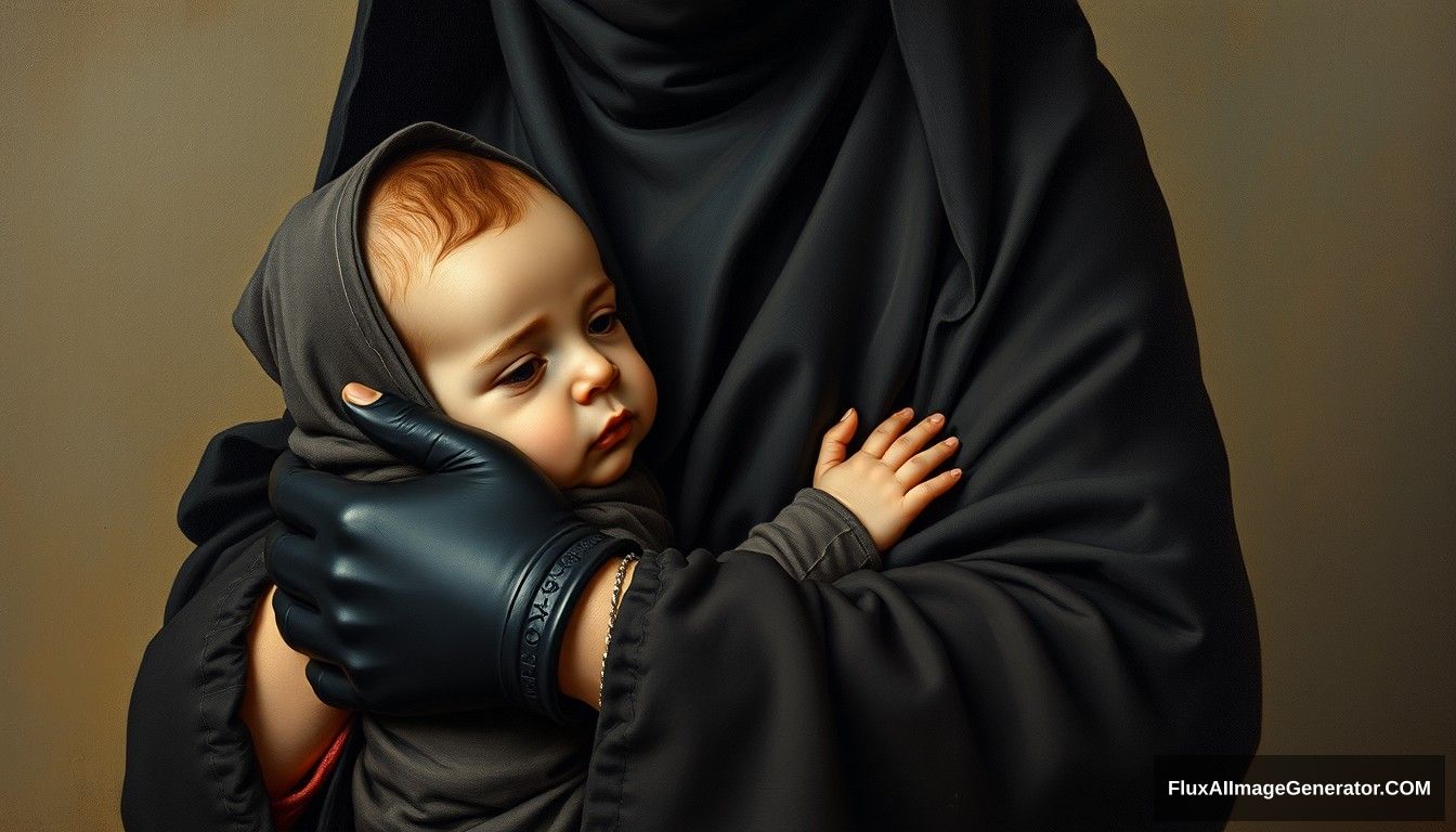 A pious woman is holding a baby boy. Wearing black gloves and a niqab, Maryam is a very devout woman, dressed in a black sarong with her neck covered by a perfect hijab. Realistic, full body, oil painting, old. - Image