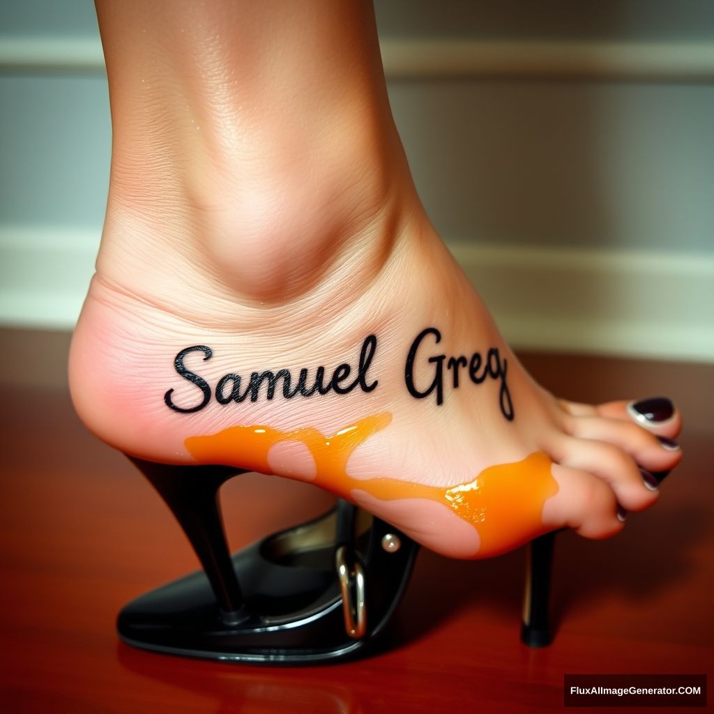 The name "Samuel Greg" on a woman's foot in a black high heel. There is oil all over the foot.